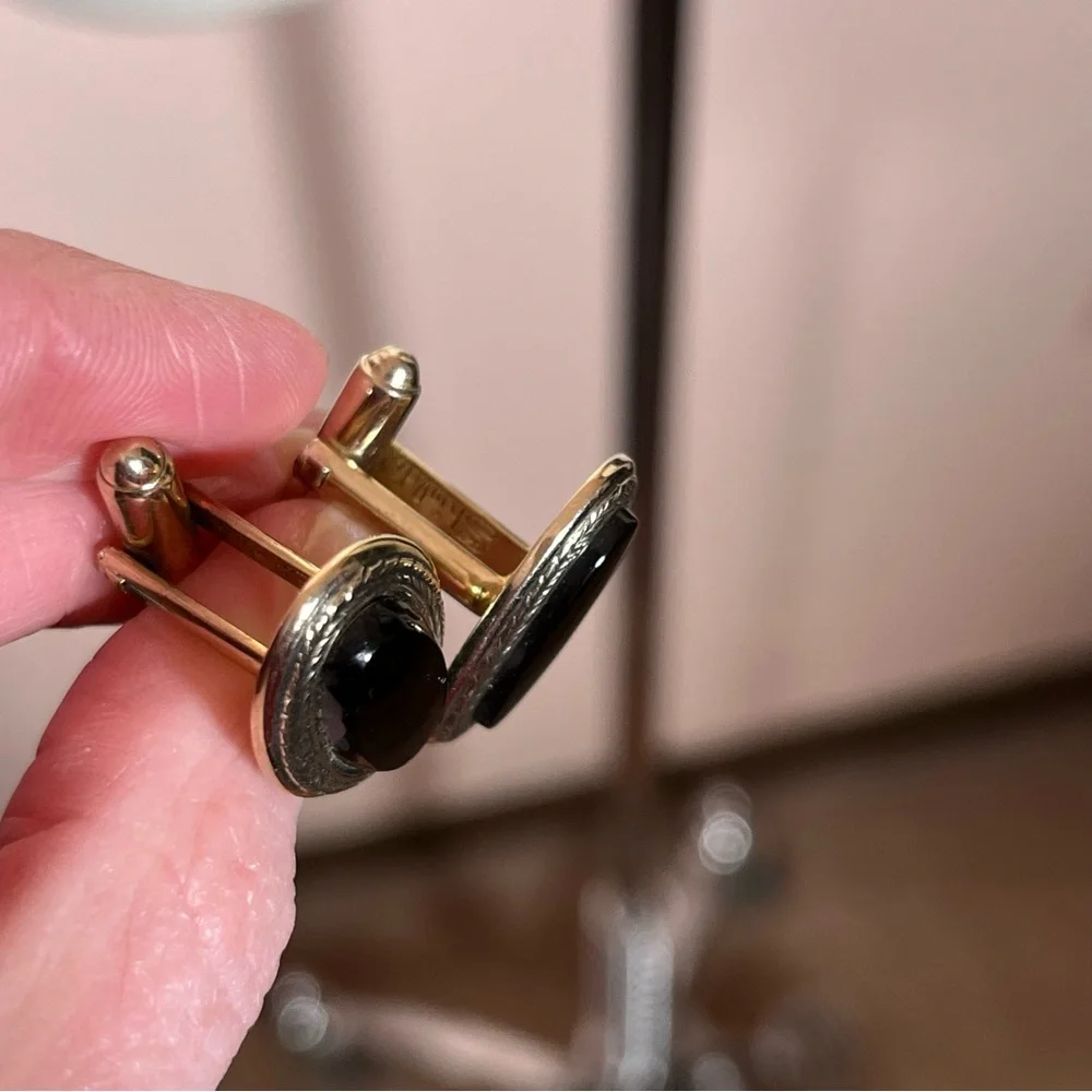 Vintage 60 70 Shield Victorian Oversized black onyx Brass Gold Cufflinks